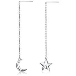 Moon and Star Earring,Sterling Silver Pull Through Threader Dangle Drop Earring Asymmetric Ear Line Long Earrings for Women Teen Girls