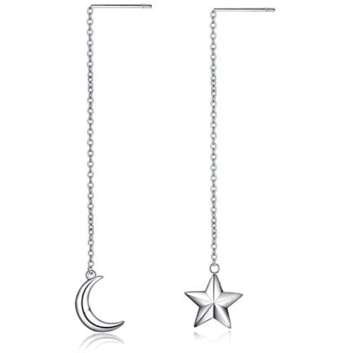 Moon and Star Earring,Sterling Silver Pull Through Threader Dangle Drop Earring Asymmetric Ear Line Long Earrings for Women Teen Girls