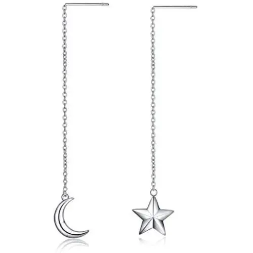 Moon and Star Earring,Sterling Silver Pull Through Threader Dangle Drop Earring Asymmetric Ear Line Long Earrings for Women Teen Girls Moon and Star Earring,Sterling Silver Pull Through Threader Dangle Drop Earring Asymmetric Ear Line Long Earrings for Women Teen Girls