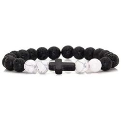 Xusamss Yoga Religious Cross Turquoise Bracelet Natural Stone Lava Rock Beads Oil Diffuser Bracelet,7 1/2 Wrist