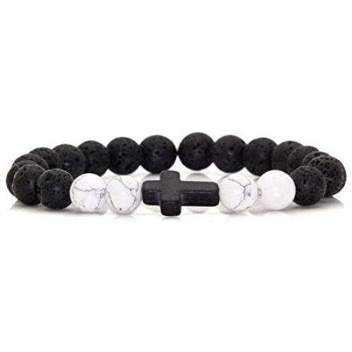 Xusamss Yoga Religious Cross Turquoise Bracelet Natural Stone Lava Rock Beads Oil Diffuser Bracelet,7 1/2 Wrist