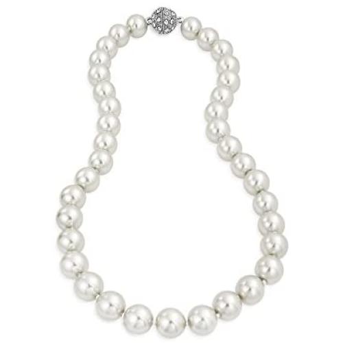 Bling Jewelry White Strand Necklace for Women Rhodium Plated Crystal Clasp Simulated Pearl 10MM 16 Inch