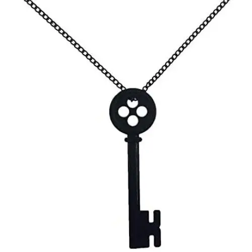 Coraline Key Necklace Girls Button Key Metal Pendant Sweater Chain Present for Child (Black)