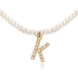 YorzAhar 3.5mm Mini Pearls Necklaces with Cubic Zirconia Initial | 26 Personalized Capital Letter Pendant Chain for Women Girls Children Women’s Day Gift