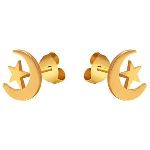 Crescent Moon Star/Ankh Stud Earrings, 18K Gold Plated Stainless Steel Earrings, Women Jewelry Gift