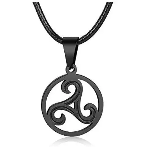 PJ Jewelry Mens Celtic Symbol Triskelion Pendant Stainless Steel Triskele Triple Spiral Necklace with Leather Chain PJ Jewelry Mens Celtic Symbol Triskelion Pendant Stainless Steel Triskele Triple Spiral Necklace with Leather Chain