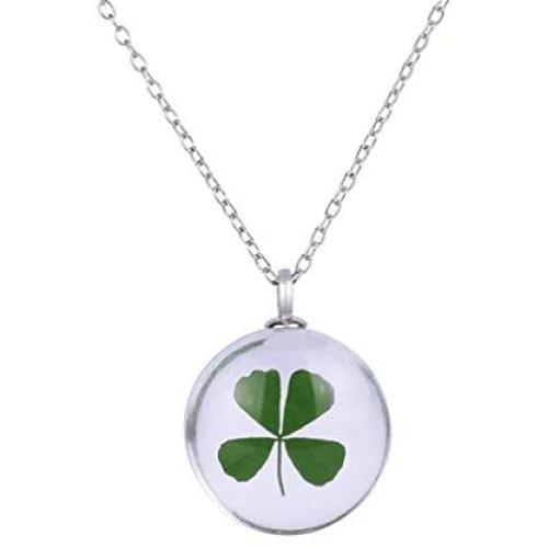 YAZILIND Handmade Dried Flower Four-Leaf Clover Necklace Glass Lockets Pendant Women Girls Birthday Jewelry Gift