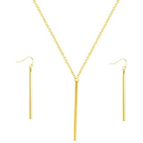 HUSION Fashion Bar Neckacle and Earrings Gold Plated Simple Bar Y Shaped Necklace and Leaves Jewelry Sets for Women Girls