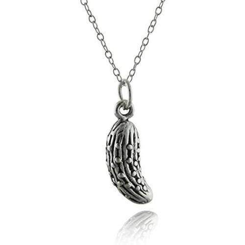 FashionJunkie4Life Sterling Silver Small 3D Pickle or Cucumber Charm Necklace 18'' Cable Chain