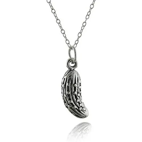 FashionJunkie4Life Sterling Silver Small 3D Pickle or Cucumber Charm Necklace 18'' Cable Chain