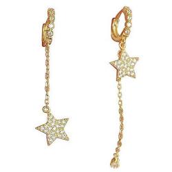 Huggie Crystal Star Chain Dangle Hoop Earrings for Women Girls S925 Sterling Silver with Charms Asymmetrical Pave CZ Tassel Drop Cartilage Clip Dainty Jewelry Christmas Gifts for Mom Sis Gold Plated