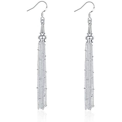 Fashion Beaded Threader Sterling Silver Plated Long Chain Dangle Drop Earrings for Women Girls Sensitive Ears Wedding Elegant Dangling Tassel Hook
