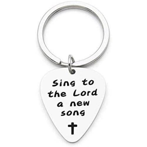 WUSUANED Christian Guitar Pick Keychain Sing to The Lord A New Song Religious Jewelry Inspirational Gift for Musicians Worship Leader