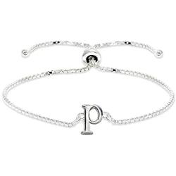 Sterling Silver Initial Alphabet Letter Name Adjustable Bracelet Personalized Gifts for Women, Teens or Girls