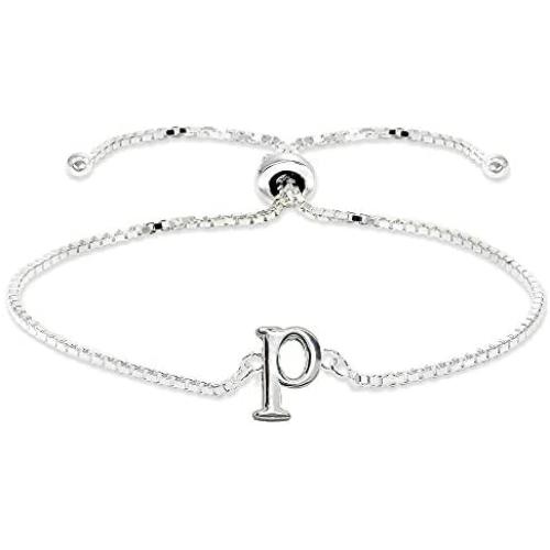 Sterling Silver Initial Alphabet Letter Name Adjustable Bracelet Personalized Gifts for Women, Teens or Girls