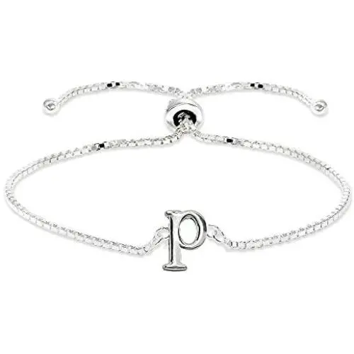 Sterling Silver Initial Alphabet Letter Name Adjustable Bracelet Personalized Gifts for Women, Teens or Girls