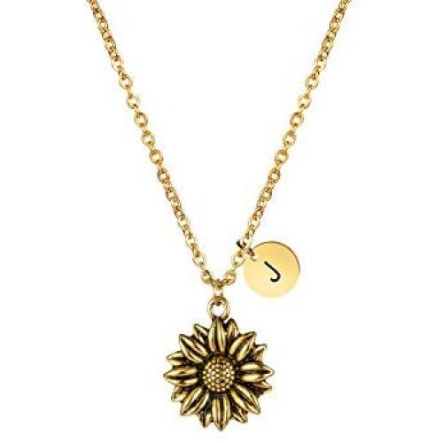 Joycuff Sunflower Necklace Dainty Letter Jewelry Antique Gold Daisy Flower Charm Chain Pendant Personalized Monogram Inspirational Gifts for Her Women Daughter Sister Wife Best Friend
