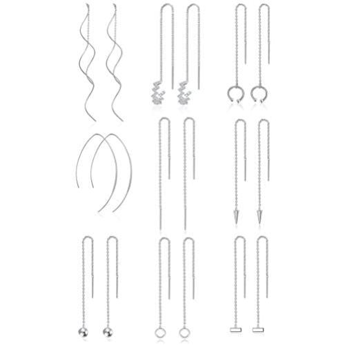 Ofeiyaa 9 Pairs Chain Tassel Earrings Wave Threader Ball Dangle Drop Chain Earrings Set Curved Threader Earrings For Women Girls Silver Gold Tone