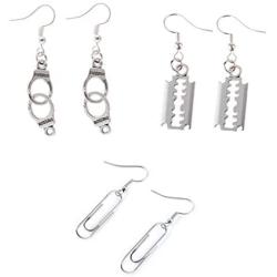 3 Pairs Gothic Razor Blade Dangle Earrings Set for Women Girls, Cute Handcuffs Shape Dangle Earrings Gothic Paper Clip Rock Earring Jewelry