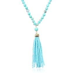RIAH FASHION Bohemian Pendant Beaded Long Statement Necklace - Sparkly Crystal Bead Boho Teardrop, Natural Stone, Tassel Charm Wrap Lariat