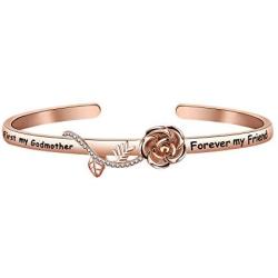 HOLLP  Christian Jewelry Religious Gift  First My Godmother Forever My Friends Cuff Bracelet with Rose Flower Godmother Gift from Goddaughter Godson