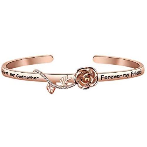 HOLLP  Christian Jewelry Religious Gift  First My Godmother Forever My Friends Cuff Bracelet with Rose Flower Godmother Gift from Goddaughter Godson