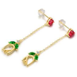 18K Gold Plated Tassel Drop Earrings for Women, Heart Shaped Ruby Dangle Earrings with Green Emerald and CZ Rose Flower