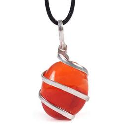 Raw Tumbled Carnelian Crystal Healing Pendant Necklace - for Motivation Strength Leadership Endurance Inspiration Courage - Authentic Stone on Silver Plated Chain Real Gemstone Chakra Healing Charm