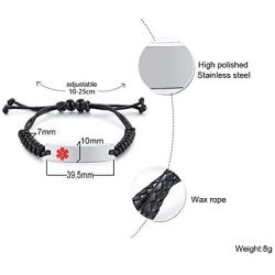 VNOX Free Custom Engraving Braided Rope Emergency Medical Alert ID Identification Bracelet for Women Men Kids,4-9 Inches