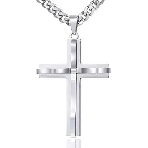 Hermah Mens Women Jewelry Gold Black Silver Cross Pendant Necklace Stainless Steel Curb Cuban Link Chain 18-24inch