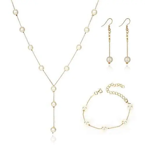 Fashion Chain Freshwater Pearl Necklace Choker Simple Chain Pearl Dangle Hook Earrings Set Jewelry Women