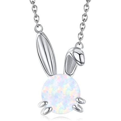JUSTKIDSTOY Created Opal Bunny Necklace Sterling Silver Cute Rabbit Necklace Opal Bunny Jewelry Gifts for Women Daughter Rabbit Lover