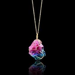 firstfly Rainbow Stone Pendant Necklace, Irregular Quartz Stone Pendant Crystal Gemstone Necklace Clothes Chain Necklace for Women (Rainbow)