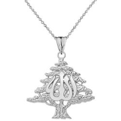 Fine Sterling Silver Lebanese Cedar Tree with Allah Symbol Pendant Necklace