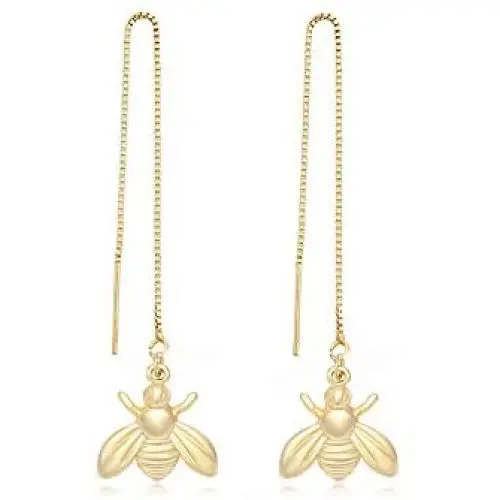 MANZHEN Cute Insect Bee Threader Drop Earrings Tiny Bumble Bee Earrings for Women Girls