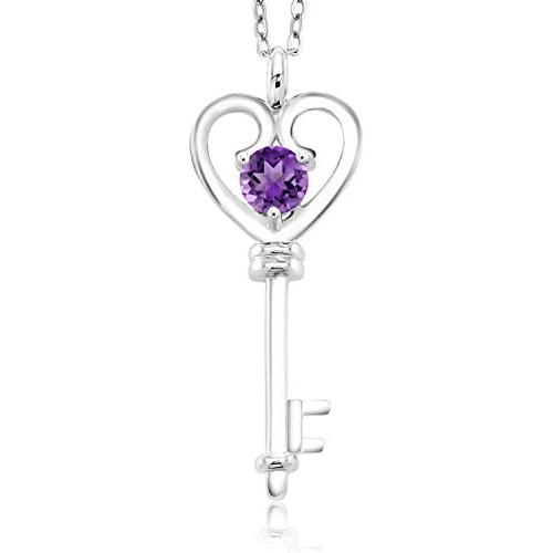Gem Stone King 925 Sterling Silver Purple Amethyst Heart Key Pendant Necklace For Women (0.45 Ct Round With 18 Inch Silver Chain)