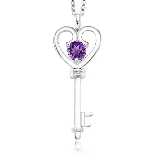 Gem Stone King 925 Sterling Silver Purple Amethyst Heart Key Pendant Necklace For Women (0.45 Ct Round With 18 Inch Silver Chain) Gem Stone King 925 Sterling Silver Purple Amethyst Heart Key Pendant Necklace For Women (0.45 Ct Round With 18 Inch Silver Chain)