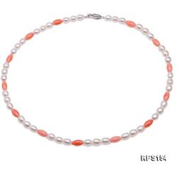 JYX Pearl Jewelry Set Beautiful 5×6.5mm White Rice-shape Freshwater Pearl with Pink Mini Coral Beads Necklace Bracelet Set