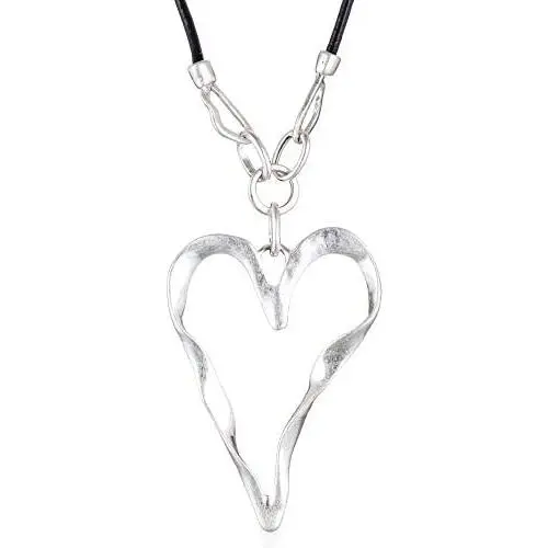 Silver Lover Heart Pendant Fashion Jewelry Black Leather Necklace for Women Long Rope Chain Chokers