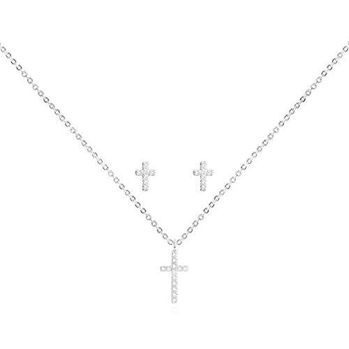 Katie Loxton Womens Silver Plated Sentiment Set Necklace and Earring Boxed Set of 2 Cross