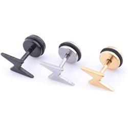 JOYID Lightning Stud Earrings Flat Back Screw Piercing Titanium steel Fade Resistant Punk Hip hop Jewelry for Men Women