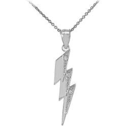 High Polish 925 Sterling Silver CZ-Studded Lightning Bolt Charm Pendant Necklace