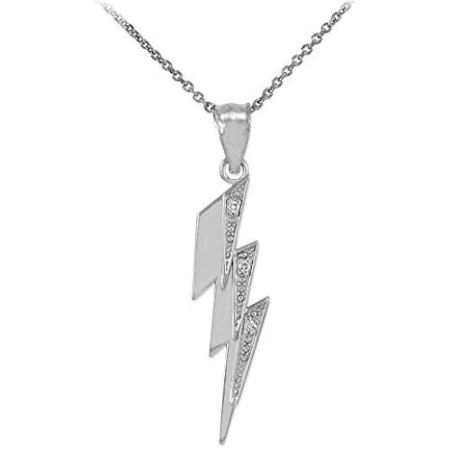 High Polish 925 Sterling Silver CZ-Studded Lightning Bolt Charm Pendant Necklace