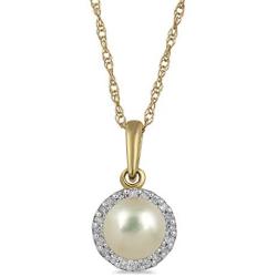 Jewelili 10K Yellow Gold 5mm Round Pearl and Natural White Diamond Accent Pendant Necklace, 18'' Rolo Chain