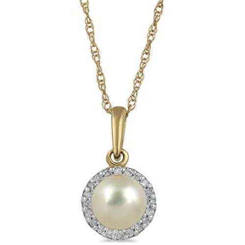 Jewelili 10K Yellow Gold 5mm Round Pearl and Natural White Diamond Accent Pendant Necklace, 18'' Rolo Chain