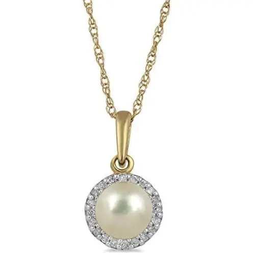 Jewelili 10K Yellow Gold 5mm Round Pearl and Natural White Diamond Accent Pendant Necklace, 18'' Rolo Chain Jewelili 10K Yellow Gold 5mm Round Pearl and Natural White Diamond Accent Pendant Necklace, 18'' Rolo Chain