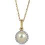 Jewelili 10K Yellow Gold 5mm Round Pearl and Natural White Diamond Accent Pendant Necklace, 18'' Rolo Chain