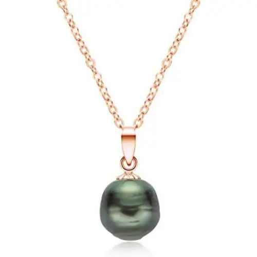 Tahitian Baroque Pearl Pendant Necklace 18K Gold 8-8.5mm South Sea Cultured Black Pearl Necklace with Sterling Silver Chain Gift for Women Wife Mom Girls - White Gold/Rose Gold/Yellow Gold