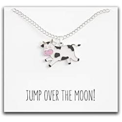 Happy Kisses Cow Necklace – “Jump Over The Moon!” Message Pendant – Cute Charm Gift for Any Women or Kid Who Loves Cows – Adjustable Chain Length