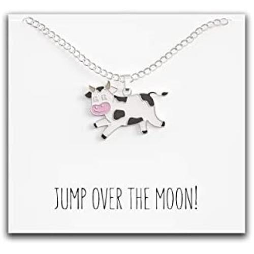 Happy Kisses Cow Necklace – “Jump Over The Moon!” Message Pendant – Cute Charm Gift for Any Women or Kid Who Loves Cows – Adjustable Chain Length
